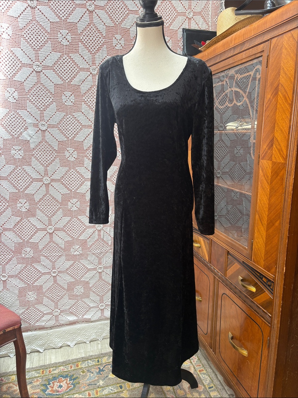Vintage Rue St Paul Black Crushed Velvet Lace-Up Maxi Dress Size 13/14